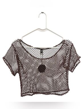 Brown Short Sleeve Fishnet Crop Top NWT